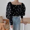 Koreańska moda polka dot długiego rękaw puff bluzki vintage bluzka dorywczo koszulka damska wiosna kwadratowy kołnierz biały czarne topy 14338 210521 \ t