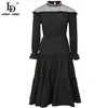 Zomer vrouwen zwart sexy mesh midi jurk mode polka dot print ontwerper vrouwelijke lange mouw vakantie 210522