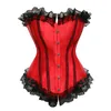 ANDREAGIRL Sexy Satin Lace up Boned Overbust Corset And Bustier With Lace Trim Showgirl Stripe Lingerie Red S-6XL Fashion 8113