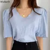 T-shirt élégant femmes col en V manches bouffantes tempérament t-shirts couleur unie bureau dame chemises coréen coton lin hauts 210519