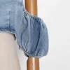 Sexy denim vrouwen shirts Slash nek bladerdeeg korte mouwloze ruches blouses voor vrouwelijke mode kleding 210524