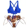 Lace Up Bikini Swimsuit Push Print Swimwear Women Blue Biquini Feminino Beachwear Sexy Girls Holiday Bathing Suit Summer 210520