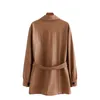 Vintage vrouw bruin losse pu sjerpen shirt jas herfst winter mode dames dikke bovenkleding vrouwelijke casual extra grote lagen 210515
