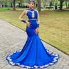 Royal Blue Długi rękaw Syrenka Suknia Wieczorowa Z Złotym Aplikacjami Plus Rozmiar Afryki Czarne Dziewczyny Prom Dresses Formalny Party Nosić Robe De Soirée Vestido Largo Fiesta