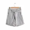 Damesmode Gestreepte Print Grijs Wit Korte Broek Vrouwelijke Casual Hoge Taille Bow Riem S Beach Streetwear Broek 210421