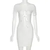 Kvinnor rosa bodycon mini klänningar o nacke sexig cut out bandage kortärmad avslappnad smal sundress sommar fest cocktail clubwear 210517