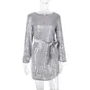 Women Sequined Gitter Long Lantern Sleeve Club Mini Dress Autumn Gold Silver Sashes O-Neck Shiny Dress Party Vestidos 210416