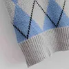 Аргайл вязаный свитер Жилет Женщины без рукавов V шеи повседневная улица Хаки осень зима синий 210427