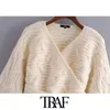 TRAF Women Fashion Wrap Tied Hem Cropped Cable-Knit Cardigan Sweater Vintage Long Sleeve Female Outerwear Chic Tops 210415