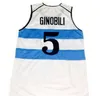 Nikivip Manu Ginobili #5 Команда Аргентина Баскетбол Джерси Менс сшивал белые военно-морские майки.