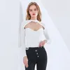 Black Ruched Slim Jumpsuit For Women O Neck Long Sleeve High Waist Hollow Out Sexy Bodysuit Female Fashionable 210521