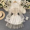 Singreiny Chic Off Shoulder Mesh Dress Women Hollow Wave Cut Puff Sleeve A-Line Aftonklänning Sommar Koreansk Elegant Ruffle Dress 210419