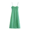 女性の純粋な緑の背中のないMidiのドレスストラップ調整ノースリーブのファッションレディドレスvestido 210529