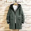 Casual Men's Black Green Windbreaker Jackor Long Trench Coat för vårhöst vinterkläder 211011