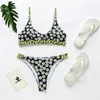 Women's Swimming Suit Sets Women Stripe Print Push Up Bandeau Bikini Set Two Piece Swimsuits Mid Waisted Swimwear 210508