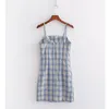 Mujeres Azul Blanco Gingham Check Plaid Spaghetti Strap Mini Vestido Chica Slash Collar Slim Cintura Sling Vestidos cortos Vintage 210429