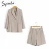 Syiwidii ​​2 stycken för kontor shorts och blazer set affärskvinnor sommar koreanska outfit kort uppsättning med jacka grön gul grå 210417