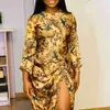 Women Printed Bodycon Dresses High Slit Smoke Plait Long Sleeves Sexy Party Fashion Elegant Evening Celebrate Occasion Robes 210416