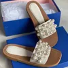 Designer Goldie Slide Damen Perlensandalen Echtleder Holzsohle Quadratische Zehen Flache Hausschuhe Damen Mädchen Elegante Sandale Sommer Strandschuhe mit Box 314