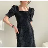 Korea Style Chic Dress Women Square Collar Tassel Kortärmad Mode Vintage Vestidos de Fiesta 210520