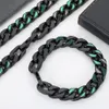 European and American street hip-hop trend stainless steel black color Cuban bracelet necklace men's paint iced out green stones chain set factory wholesale