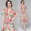 Zomer mode vrouwen v kraag lotus blad korte mouwen onregelmatige dames bloem print elastische taille casual jurk 210531