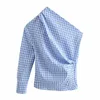 Women Stylish One Shoulder Blue Plaid Shirts Summer Fashion Ladies Vintage Slim Button Tops Y2K Girls Chic Shirt Cute 210527