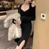 Beiyingni Sexy Club Off Shoulder Knitted Mini Dress for Woman Vintage Casual Long Sleeve Skinny Dresses Girls Party Ruched Robes Y1204