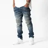 Neuankömmling Herren Designer-Jeans mit Reißverschluss, Handtasche, zerrissenes Knie, Vintage-Stil, Loch, modische Jeans, schlanke Motorrad-Biker-Jeans, lässige Hip-Hop-Hose