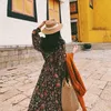 Casual Dresses Vintage V-Neck Floral High-Waisted Lantern Sleeves Boho Bohemian Vacation Printing Dress Chiffon Black Long Kjol