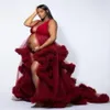 Bourgondië Afrikaanse moederschap jurk gewaden voor foto shoot of baby shower ruche tule chic vrouwen prom jassen ruches v nek fotografie gewaad feestjurken