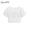 Yitimuceng White Blouse Women Lace Up Folds T-shirts Puff Sleeve Square Collar Straight Sommar Koreanska Mode Toppar 210601