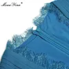 Fashion Runway Summer Black/Blue Dress Women V-neck Lace Patchwork Long sleeve High street Lady Elegant Midi 210524
