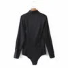 シックな女性ブラックサテンショルダーパッドシャツボディスーツスプリングファッションソフトベース女性エレガントボタン210515