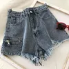 Lato Kobiety Wysoka Talia Czarny Niebieski Modny Zrelaksowany Wypoczynek Zipper Dziura Kieszonkowy Burr Denim Spodenki 210430