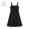 Abito con cinturino nero Donna Estate Francese Vintage Elegante fiocco a vita alta senza maniche Stile coreano Abiti casual da donna 210515