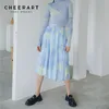 Sky Blue Summer Skirts High Waist Long Midi Women Elastic A Line Korean Pleated Fashion 210427