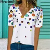 Plus Size Tshirt Short Sleeve Polk Dot Print Fashion VNeck Casual Top Women Streetwear Elegant Summer Chic Pullover Shirts 210513