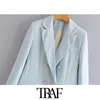 TRAF Women Fashion Office Wear Double Breasted Blazer Coat Vintage Long Sleeve Back Vents Female Outerwear Chic Tops 210930