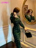 Темно-зеленое креповидное платье женское талия похудения осень и зимний темперамент тонкий бедро сумка 210416