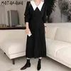 Matakawa Hepburn Lapel Stitching Contrast Color Damska Dress Waist Długi Sleeveed Plised Robe Koreański Jesień Czarne Suknie 210513