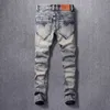 Włoski styl Moda Dżinsy Mężczyźni Wysokiej Jakości Slim Fit Zniszczony Ripped Retro Wash Vintage Patchwork Designer Denim Spodnie MC1U