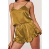 Sommerfrauen Satin zweiteilige Sets sexy Riemen V-Ausschnitt Rückenfreie Ernte Tops Elastische Taille Rüschen Shorts Großgröße Lady Pamas Anzüge 240423