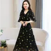 Frauen Schwarz Chiffon Kleider Sommer Kurzarm V-ausschnitt Kleid Weibliche Blumen Druck Elegante Vestido Plus Größe 3XL 210514