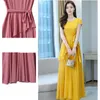 Korean Fashion Dress Beach Skirt O-Neck Chiffon Female Long Slim Ankle-Length es Bohemian Shirring Woman Clohting 210604