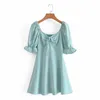 Doux Col Carré À Manches Courtes Femmes Robe Vintage Slim Fit avec Lotus Feuille Manches Solide Couleur Chic Femme Mini Robes 210507