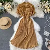 Neploe Flower Print Chiffon Dress Women Fashion Stand Collar Puff Sleeve Vestidos Elegant Lace Up Slim Waist Pläterade Klänningar 210423