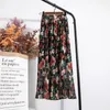 Sommar vintage maxi pläterad kjol korea hög midja elastiska ljusa kläder blommig chiffong 5 färg 210510