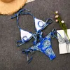 In-X Blauer Blumendruck-Badeanzug weiblich Sexy Micro-Bikini 2020 String-Bademode Frauen Sommer-Badeanzug Ring-Badeanzug Biquinis X0522