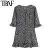 Traf Women Chic Fashion Polka Dot Ruffled Mini Dress Vintage Short Sleeve Back Zipper Female Dresses Vestidos Mujer 210415